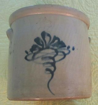 Antique Stoneware Crock 1 - 1/2 Gal,  Unsigned,  Cobalt Blue Floral Design,  Good