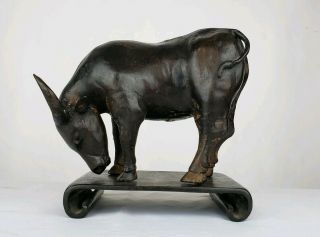 Antique Chinese Bronze Water Buffalo Sculpture On Wood Stand 19thc Or Earlier