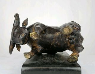 Antique Chinese Bronze Water Buffalo Sculpture On Wood Stand 19thC Or Earlier 4