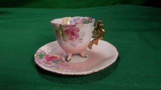 Rare Tea Cup & Saucer Takiro Japan Demi Floral Footed Hand Painted