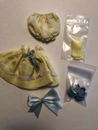 Vintage Vogue Ginny Doll Clothing - yellow dress w/white lace trim and blue bow 3