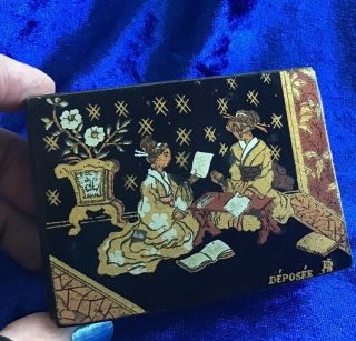 Antique Art Deco Black Lacquer French Stamp Box In The Chinese Style