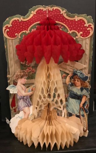 Antique Victorian Honeycomb Tree Girl Cherub Die Cut Stand Up Valentine Card