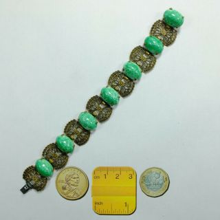 Fancy Antique Deco Czech Pierced Metal & Green Peking Glass Cabochon Bracelet
