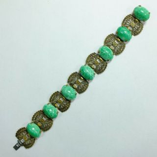 Fancy Antique Deco Czech Pierced Metal & Green Peking Glass Cabochon Bracelet 2