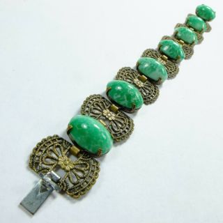 Fancy Antique Deco Czech Pierced Metal & Green Peking Glass Cabochon Bracelet 3