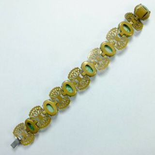 Fancy Antique Deco Czech Pierced Metal & Green Peking Glass Cabochon Bracelet 4