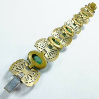 Fancy Antique Deco Czech Pierced Metal & Green Peking Glass Cabochon Bracelet 5