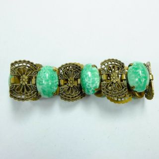 Fancy Antique Deco Czech Pierced Metal & Green Peking Glass Cabochon Bracelet 6