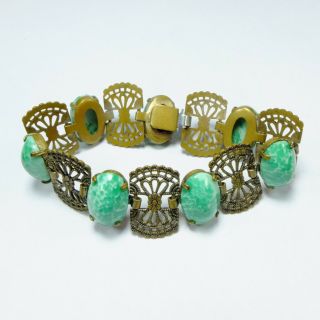 Fancy Antique Deco Czech Pierced Metal & Green Peking Glass Cabochon Bracelet 7