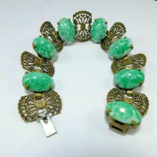 Fancy Antique Deco Czech Pierced Metal & Green Peking Glass Cabochon Bracelet 8