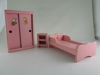 Vintage Hand Made Pink Painted Wood 3 Pc Doll Bedroom Furniture Set Bunny Decals