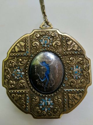 Antique Art Nouveau Chatelaine Purse Compact Dancing Nymph Figure Brass & Enamel