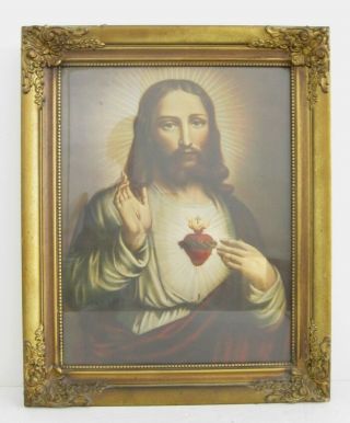 Jesus Christ Sacred Heart Antique Catholic Lithograph In Ornate Gilt Frame 17x21