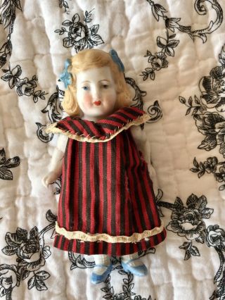 Antique 4 " Bisque Doll Made In Germany With Blue Bows And Waffle Pattern Socks