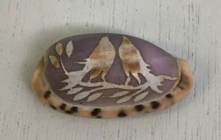 Antique Victorian Carved Cameo Shell - 2 Birds On Limb - Lilac Seashell