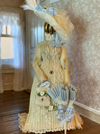 Vintage Miniature Dollhouse Artisan Victorian Silk Lace Ladies Dress On Form