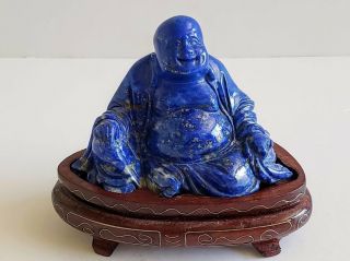Chinese Carved Lapis Lazuli Sitting Buddha Figurine & Wooden Base
