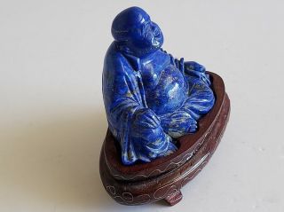 Chinese Carved Lapis Lazuli Sitting Buddha Figurine & Wooden Base 2