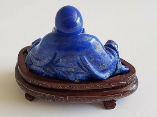 Chinese Carved Lapis Lazuli Sitting Buddha Figurine & Wooden Base 3