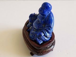 Chinese Carved Lapis Lazuli Sitting Buddha Figurine & Wooden Base 4
