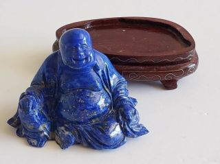 Chinese Carved Lapis Lazuli Sitting Buddha Figurine & Wooden Base 5