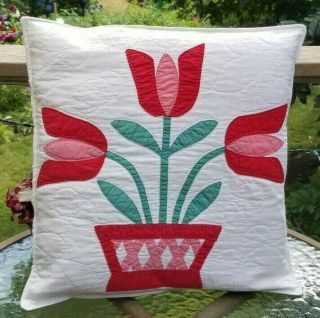 Early Vintage Hand Appliqued Red Pink Tulip Pillow Or Table Crib Doll Quilt
