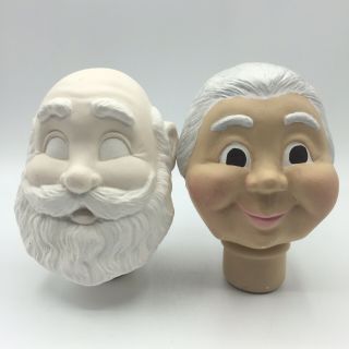 Vintage Ceramic Porcelain Santa & Mrs Claus Heads Craft Doll Making Parts 5.  25 "
