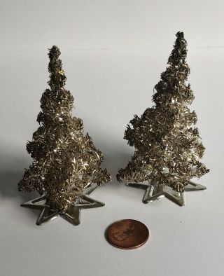 2 Antique Vintage Gold Tinsel Christmas Trees Germany Aluminum Holiday A1 2