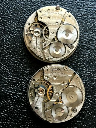 2 - 16s WALTHAM POCKET WATCH MOVEMENTS GREAT DIAL AND HANDS FOR FIX GOOD BALANCE 4