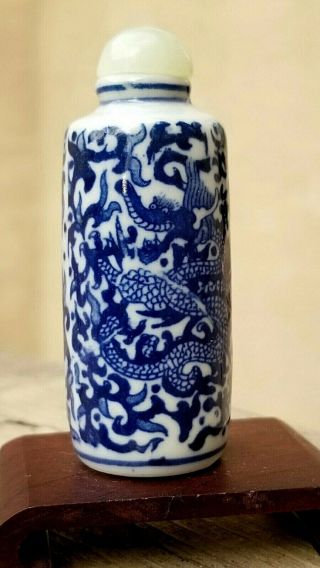 Antique Chinese Snuff Bottle Porcelain Blue White Dragon,  Pale Jade Top,  Mark