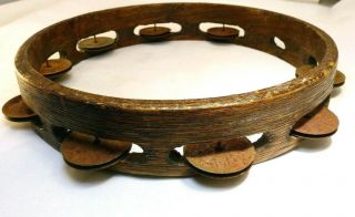 Tambourine 10 " Wood Ring - Percussion Music Jingle Jam Vintage Antique Spanish
