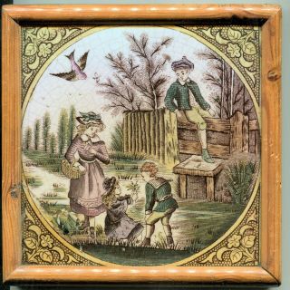 Framed Antique Victorian English Tile Children Print & Tint Mended Ready Hang