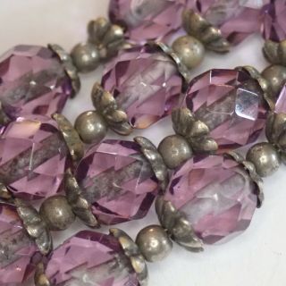 Antique Art Deco Silver Plate Faceted Amethyst Purple Glass Bead Necklace