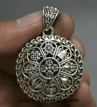 4cm Old China Miao Silver Religion Dynasty 8 Auspicious Symbol Amulet Pendant
