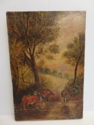 Really Old Painting Oil On Canvas Cattle River