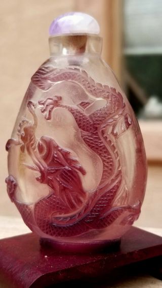 Antique Chinese Snuff Bottle Peking Glass " Dragon Phoenix " Amethyst Stone Top