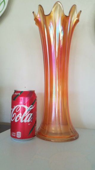 Northwood Thin Rib Mid - Size 13.  5 " Marigold Carnival Glass Antique Vase,  5 " Base