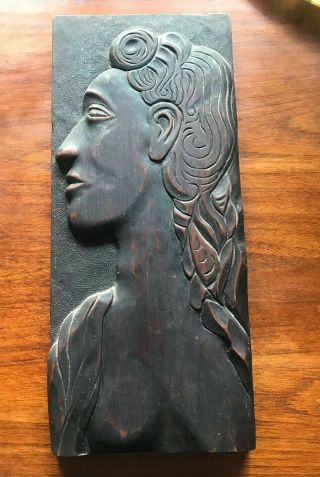Antique Carved Art Nouveau Style Hard Wood Plaque Of A Lady Signed To Reverse