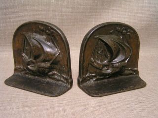 Antique 1925 Snead & Co.  Sailing Ship Bronze Finish Cast Iron Bookends Pair