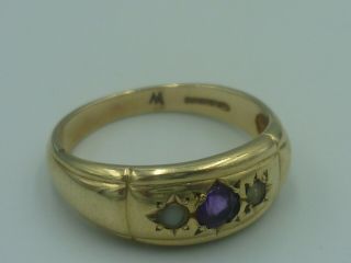 Antique - Yellow Gold Gypsy Ring With Amethyst And Pearls.  9ct Gold - Size O/7