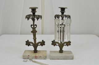 Antique Brass On Marble Base Crystal Prisms Candlesticks Victorian