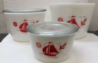 3 Mckee Red Sailboat Nesting Bowls Set 2 Lids Vintage 6” 5” 4” Stackable Antique