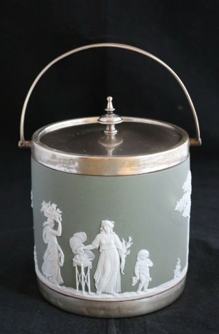 Antique Wedgwood Jasperware Sage Green Biscuit Barrel Jar Silverplated Mounted