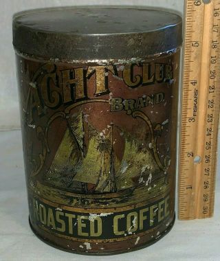 Antique Yacht Club 1lb Tall Tin Litho Coffee Can Louisville Ky Sail Boat Grocery