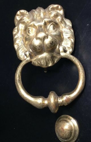 Vintage Solid Brass Handsome Lions Head Door Knocker 4 " Wide 8” Tall 2 1/2 Lbs