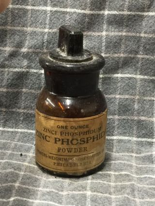 Zinc Phosphide 2.  5” Antique Apothecary Medicine Bottle W/ Paper Label