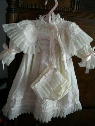 Vtg Antique Victorian Composition Bisque Doll Lace Dress And Bonnet -