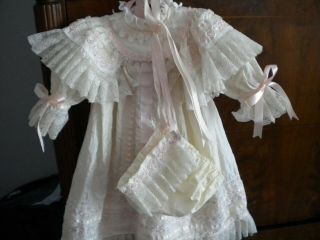 Vtg Antique Victorian Composition Bisque Doll Lace Dress and Bonnet - 2