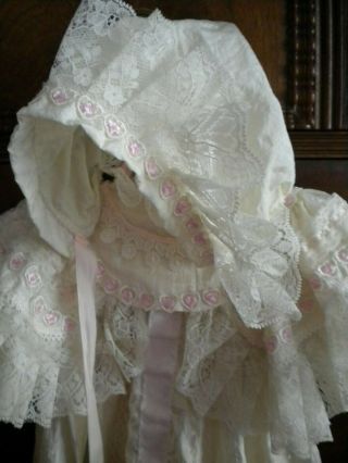 Vtg Antique Victorian Composition Bisque Doll Lace Dress and Bonnet - 8